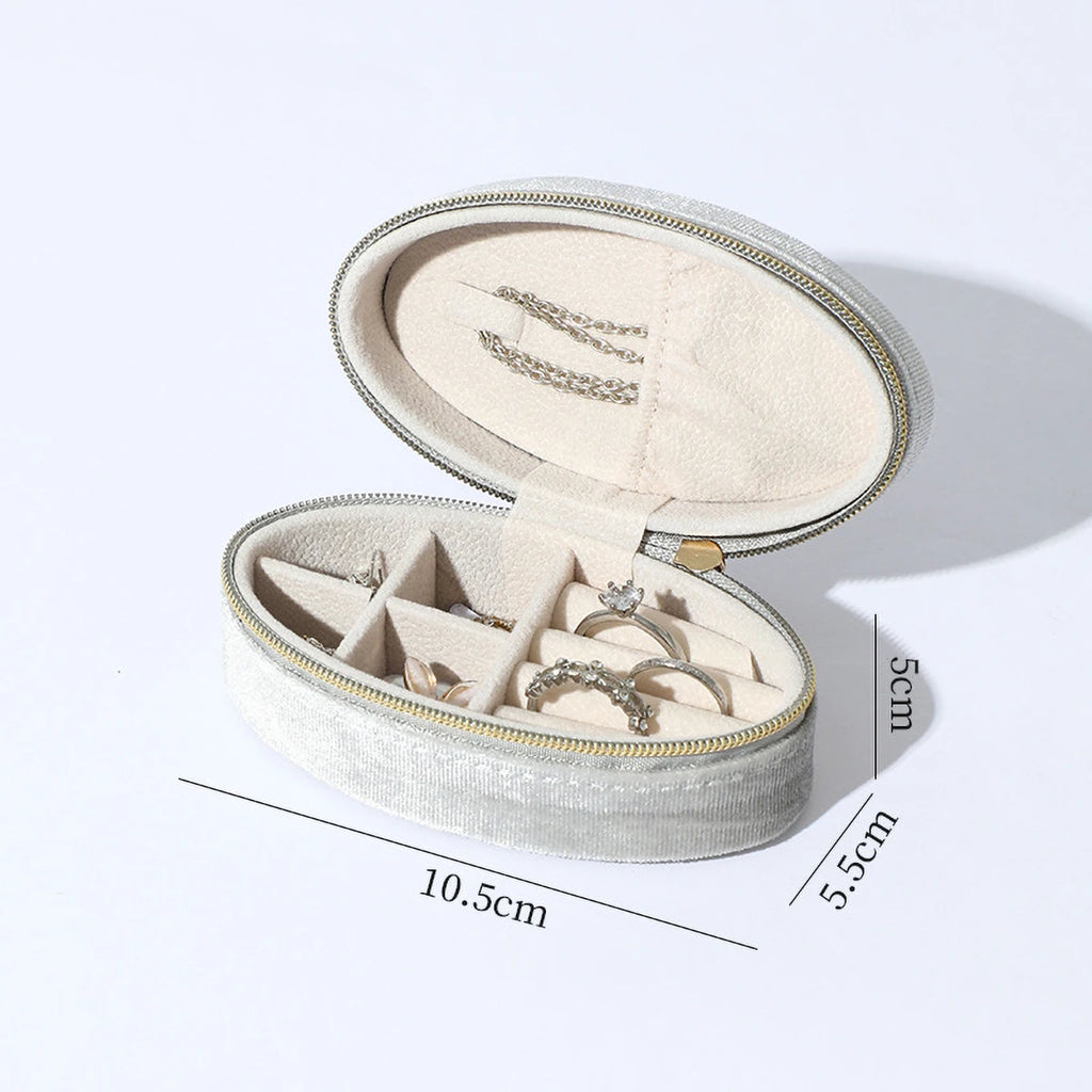 Velvet Jewelry Box - Compact Oval Organizer with Divided Compartments & Necklace Hook | Portable Travel Storage