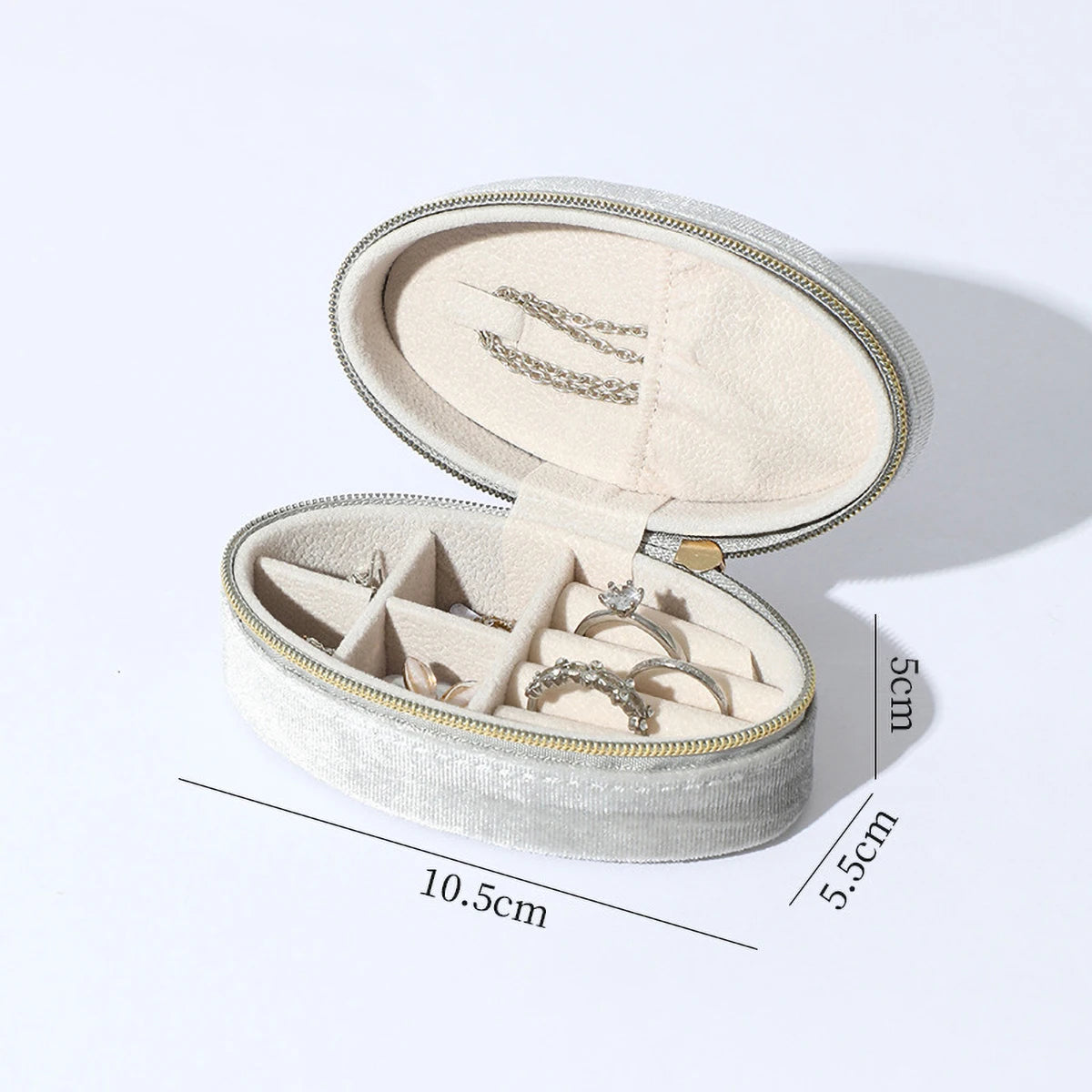 Velvet Jewelry Box - Compact Oval Organizer with Divided Compartments & Necklace Hook | Portable Travel Storage