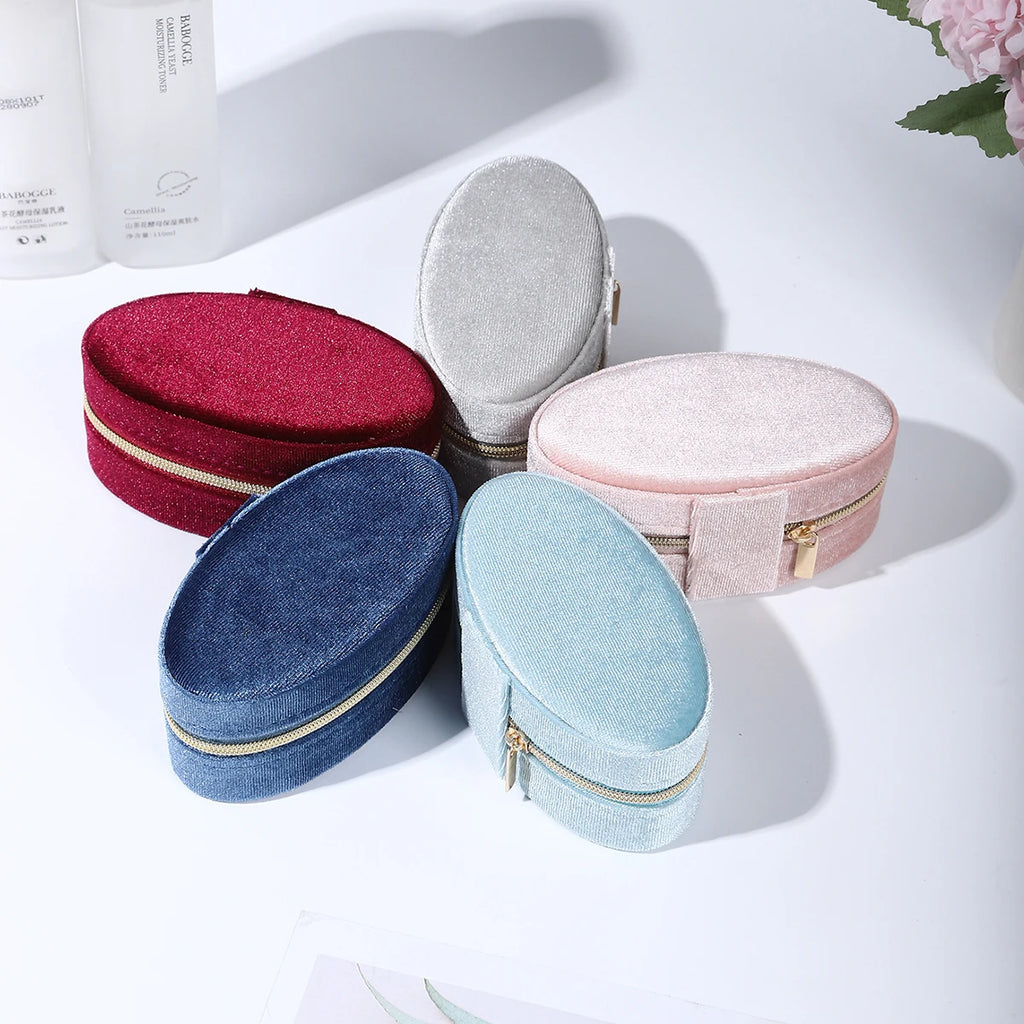 Velvet Jewelry Box - Compact Oval Organizer with Divided Compartments & Necklace Hook | Portable Travel Storage