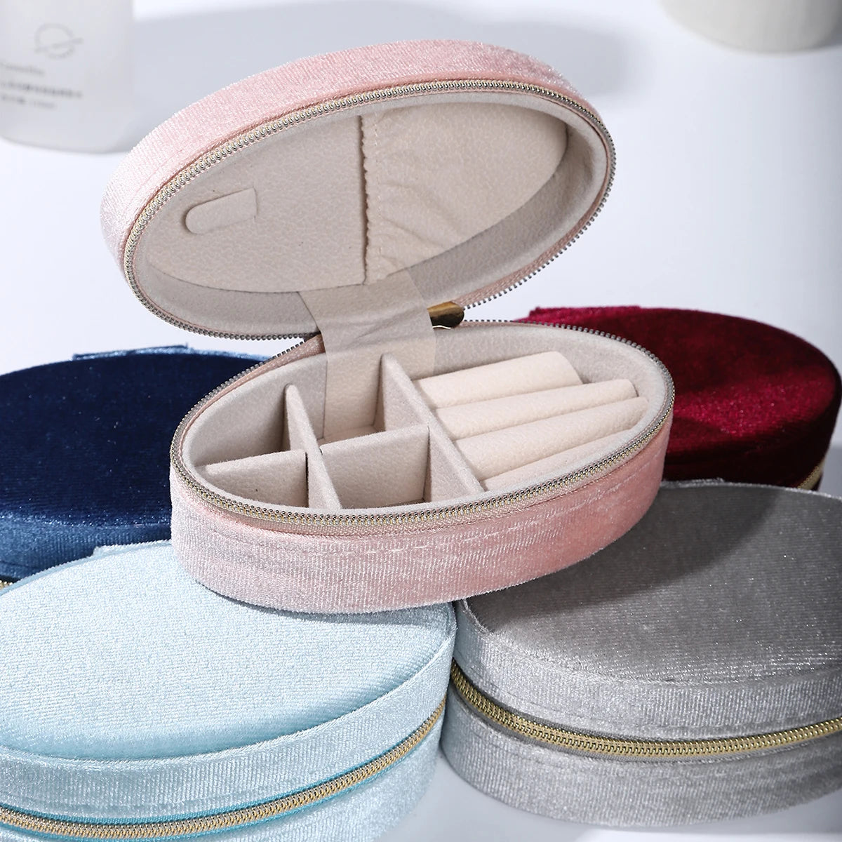 Velvet Jewelry Box - Compact Oval Organizer with Divided Compartments & Necklace Hook | Portable Travel Storage