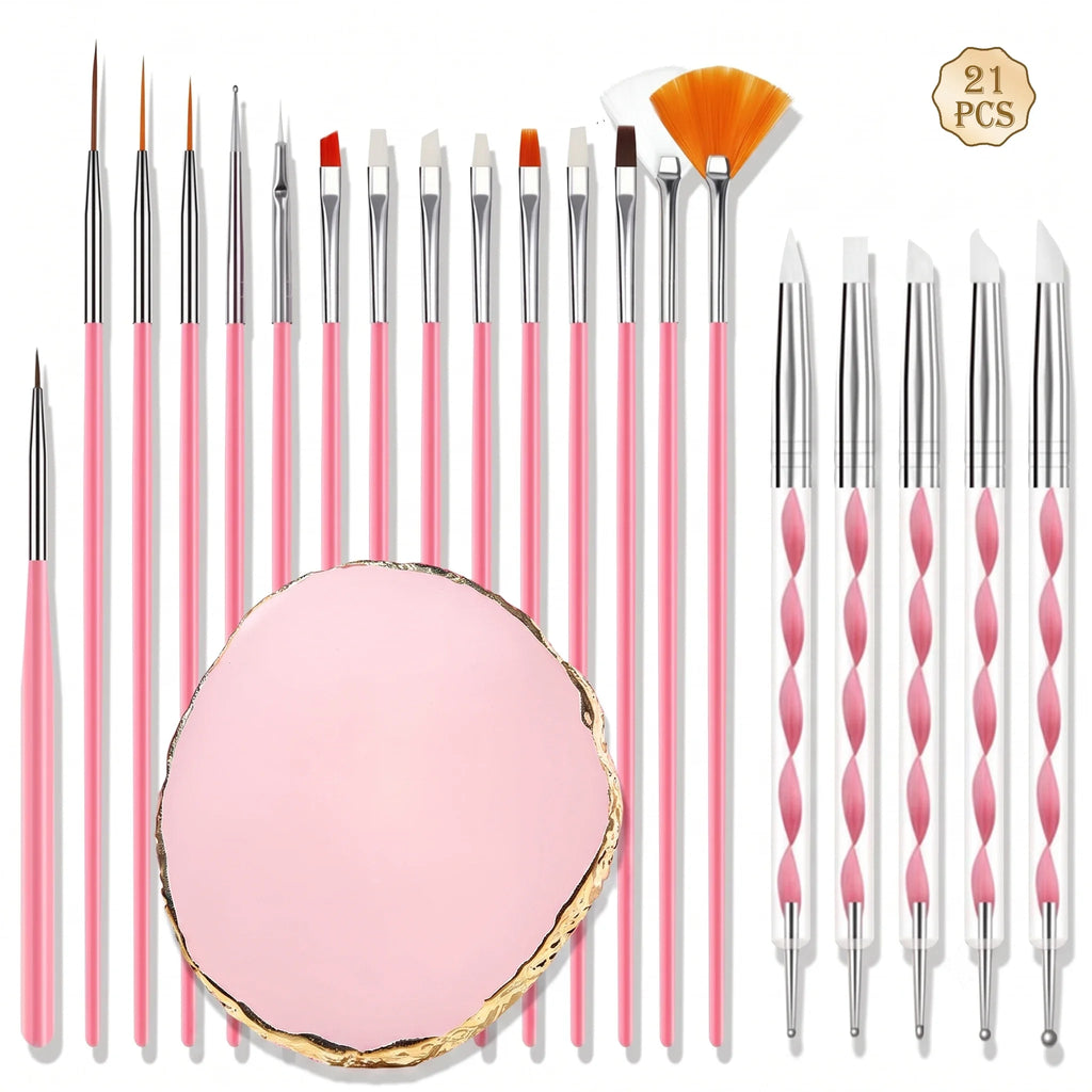 21Pcs Nail Art Brush Set with 15 Brushes, 5 Dotting Pens & Palette – Essential DIY Manicure Tool Kit for Nail Artists and Beginn