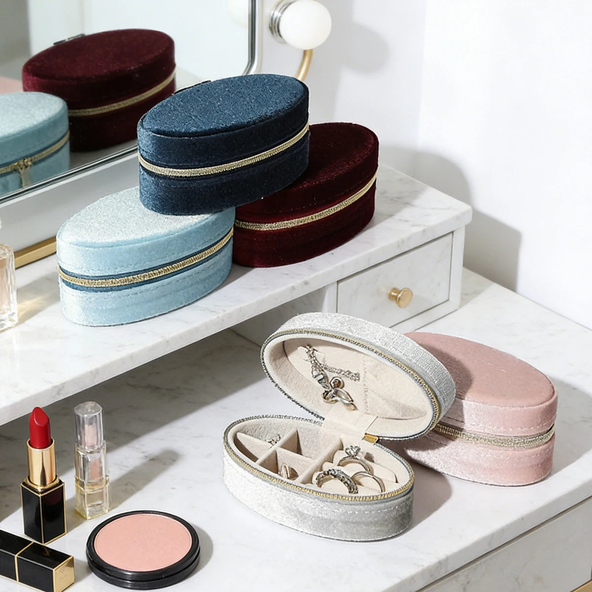 Velvet Jewelry Box - Compact Oval Organizer with Divided Compartments & Necklace Hook | Portable Travel Storage