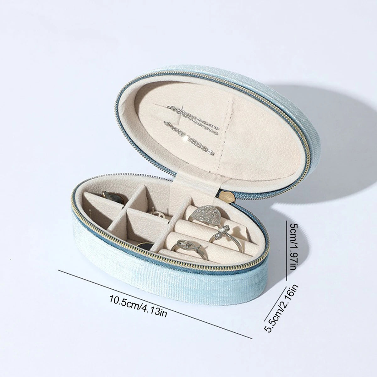 Velvet Jewelry Box - Compact Oval Organizer with Divided Compartments & Necklace Hook | Portable Travel Storage