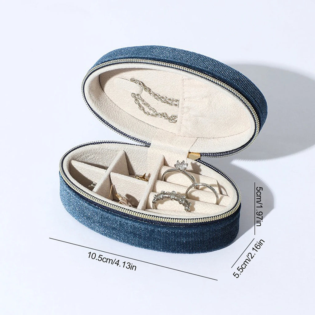 Velvet Jewelry Box - Compact Oval Organizer with Divided Compartments & Necklace Hook | Portable Travel Storage