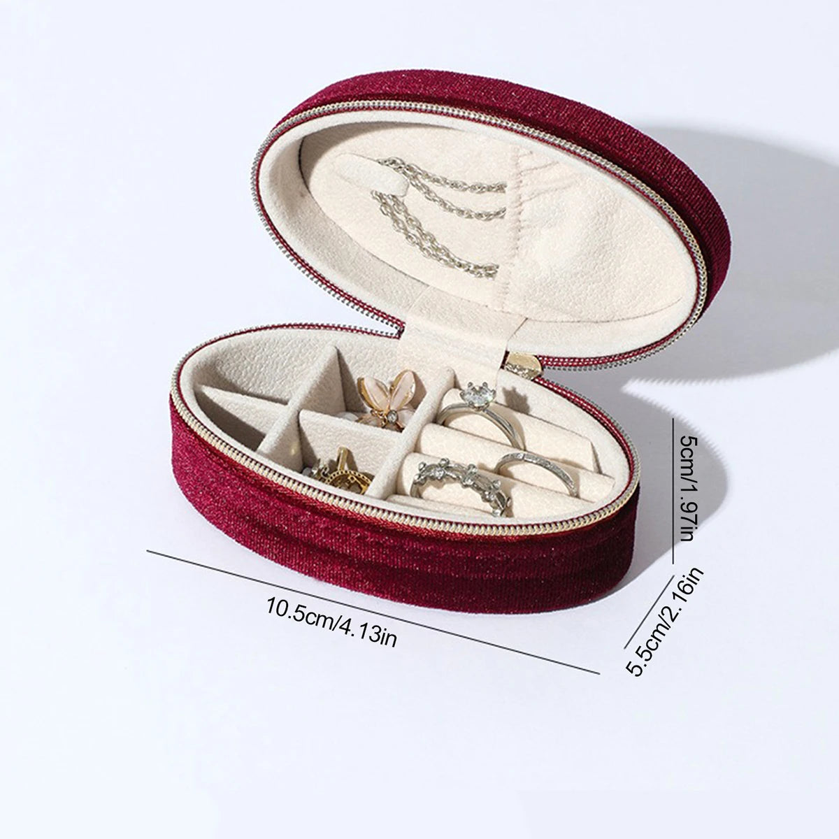 Velvet Jewelry Box - Compact Oval Organizer with Divided Compartments & Necklace Hook | Portable Travel Storage