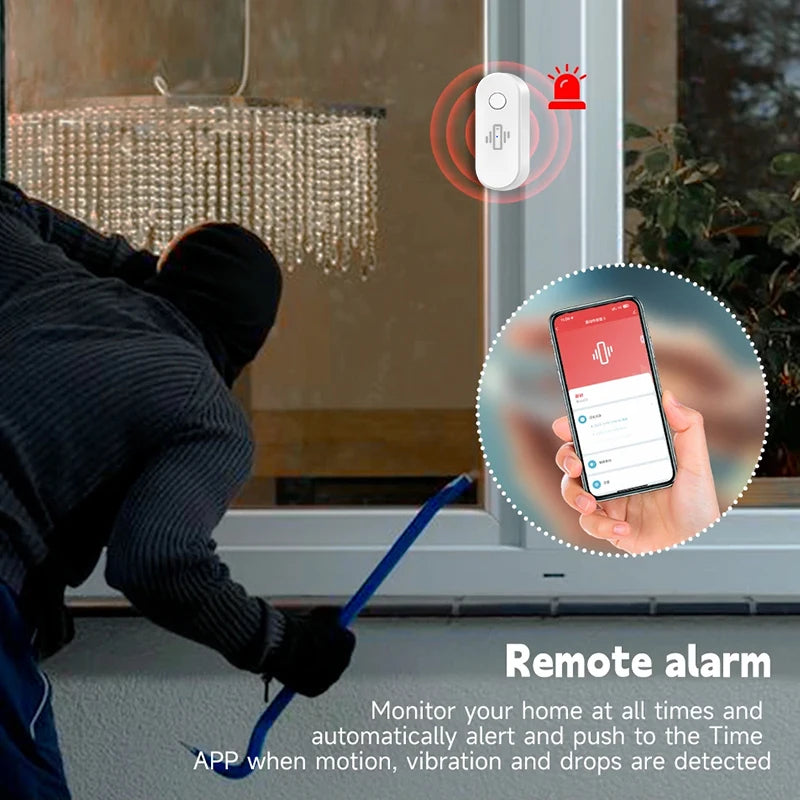 Tuya WiFi Vibration Detector Glass Broken Sensor Alarm Adjustable Sensitivity Optional For Door Window Glass Wall Cabinet Safe