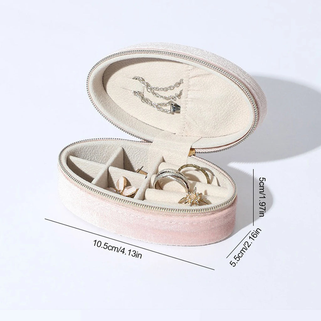 Velvet Jewelry Box - Compact Oval Organizer with Divided Compartments & Necklace Hook | Portable Travel Storage
