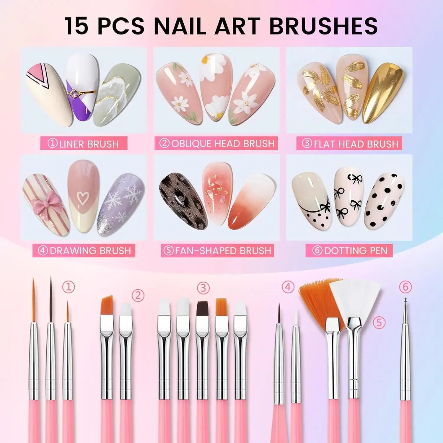 21Pcs Nail Art Brush Set with 15 Brushes, 5 Dotting Pens & Palette – Essential DIY Manicure Tool Kit for Nail Artists and Beginn