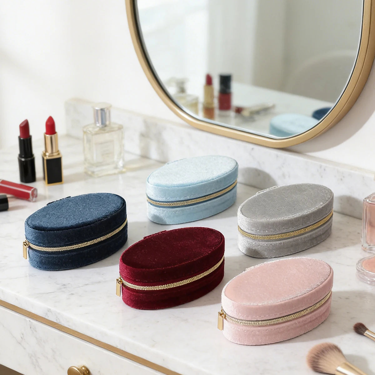 Velvet Jewelry Box - Compact Oval Organizer with Divided Compartments & Necklace Hook | Portable Travel Storage