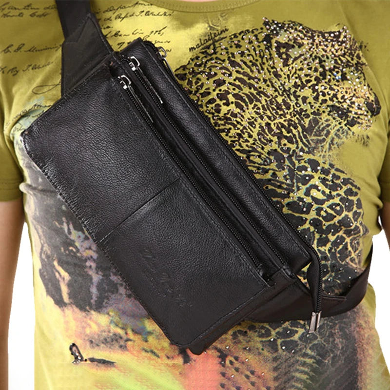 Men Waist Fanny Pack Belt Hip Bag Purse Genuine Leather Travel Fashion Real Cowhide Male Shoulder Sling Chest Cross Body Bag