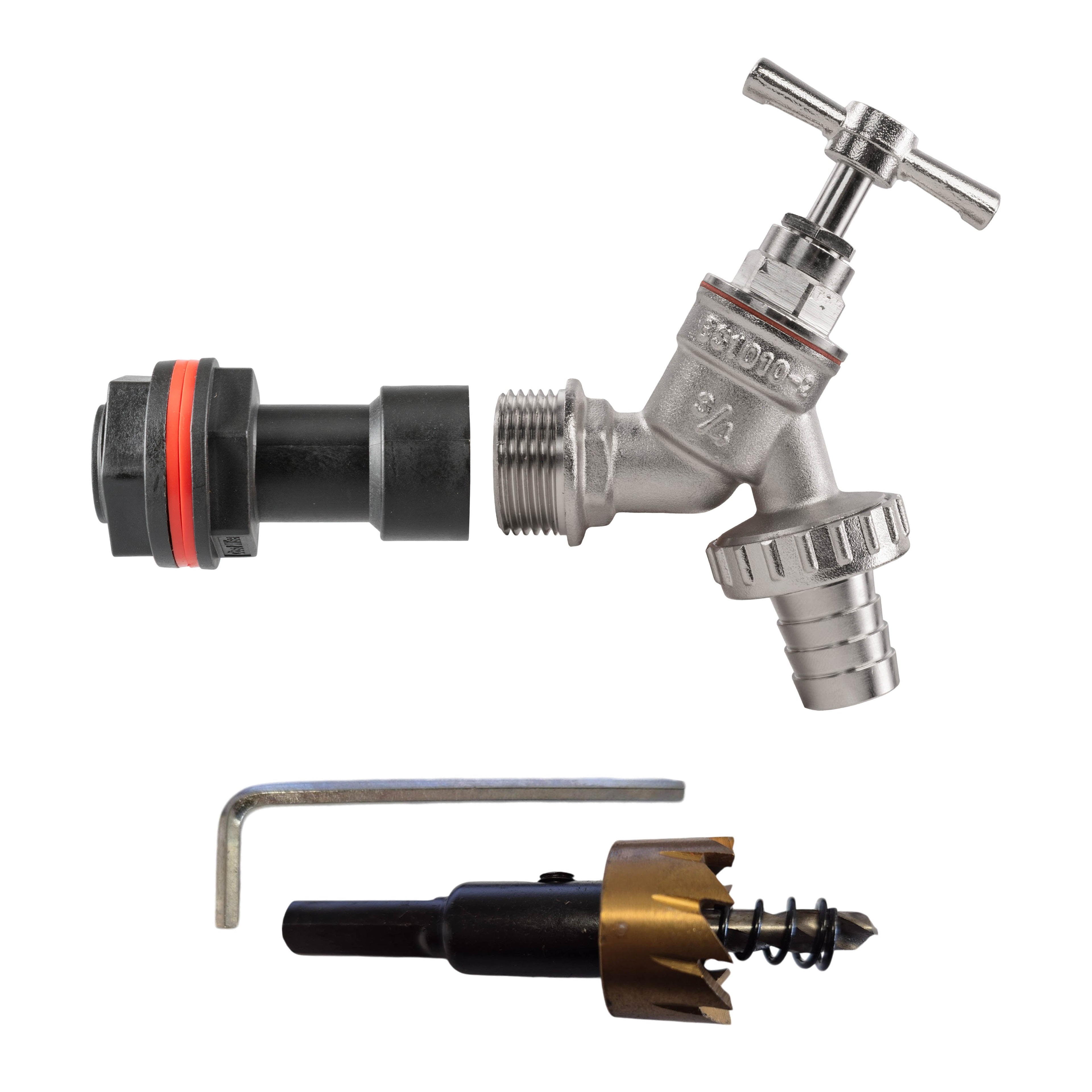 Water Butt Extension Kit 3/4in – Nickel Plated Barbed Tap with Drill Bit