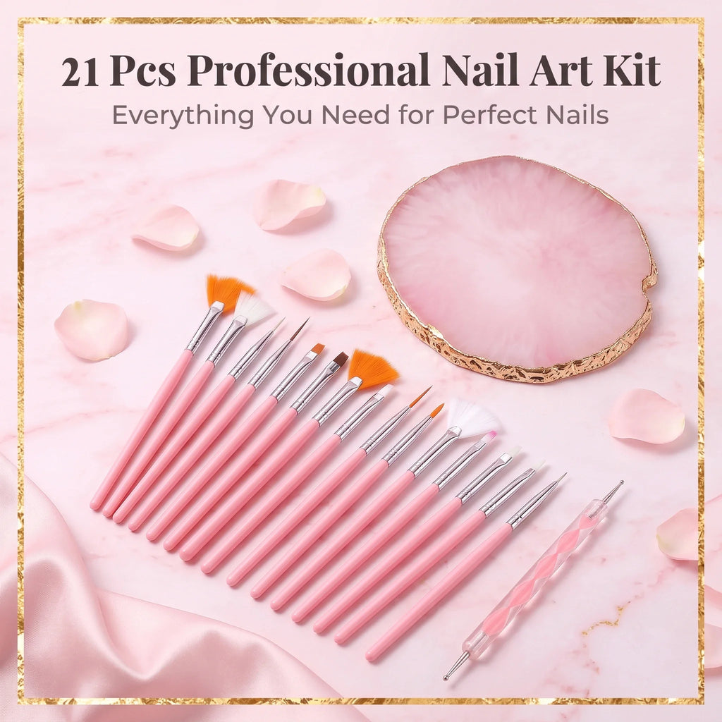 21Pcs Nail Art Brush Set with 15 Brushes, 5 Dotting Pens & Palette – Essential DIY Manicure Tool Kit for Nail Artists and Beginn