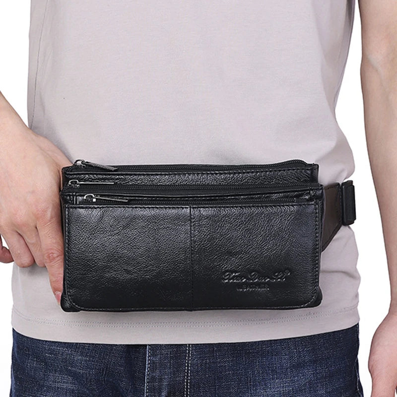 Men Waist Fanny Pack Belt Hip Bag Purse Genuine Leather Travel Fashion Real Cowhide Male Shoulder Sling Chest Cross Body Bag