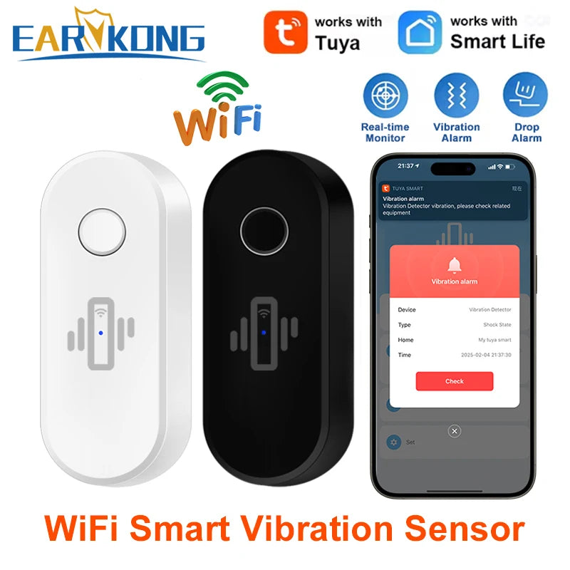 Tuya WiFi Vibration Detector Glass Broken Sensor Alarm Adjustable Sensitivity Optional For Door Window Glass Wall Cabinet Safe