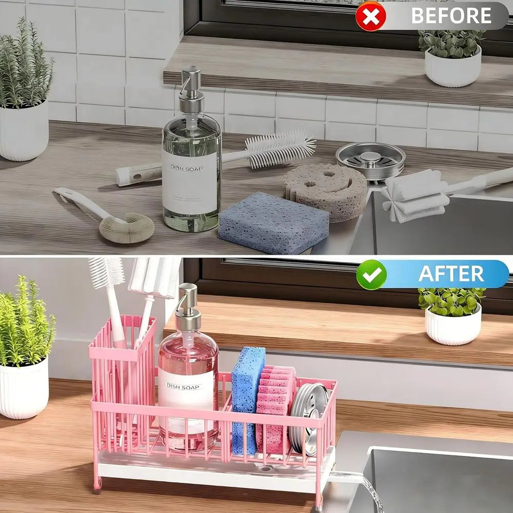 Sponge Holder or Kitchen Sink, Sink Caddy Organizer with High Brush Holder, Kitchen Countertop Organizers and Storage Essentials